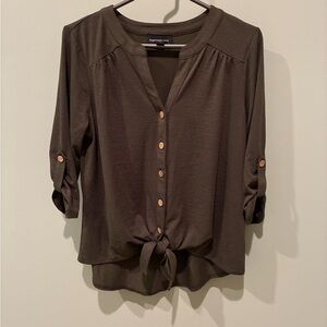 Olive Button-Up Women’s Top with tie at waist